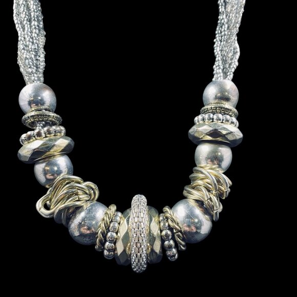 Chunky Beaded Statement Necklace Silver Gold Mixed Metal Boho Bold Jewelry Trend - Picture 2 of 9